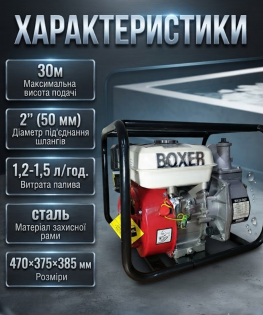 Мотопомпа бензиновая BOXER BX7014 6.5 л с 500 л мин 2 дюйма высота подачи 30 м всасывание 7 м для чистой и грязной воды - изображение 3