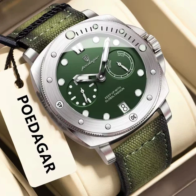 Наручные часы Poedagar Select кварцевые кожаные зелёные 45x14 мм серебристые - изображение 2