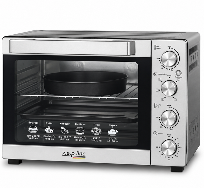 Електрична духовка Zepline ZP-00369 AeroChef Pro Max з конвекцією грилем вертелом механічним керуванням внутрішнім освітленням камерою 60 л потужністю 2200 Вт з корпусом із нержавіючої сталі - зображення 8