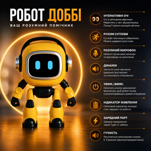 Інтерактивний розумний ІІ-робот компаньйон Доббі DeepSeek AI Жовтий 12 см Дитяча навчальна робот-іграшка з голосовим керуванням Wi-Fi та українською мовою - зображення 2