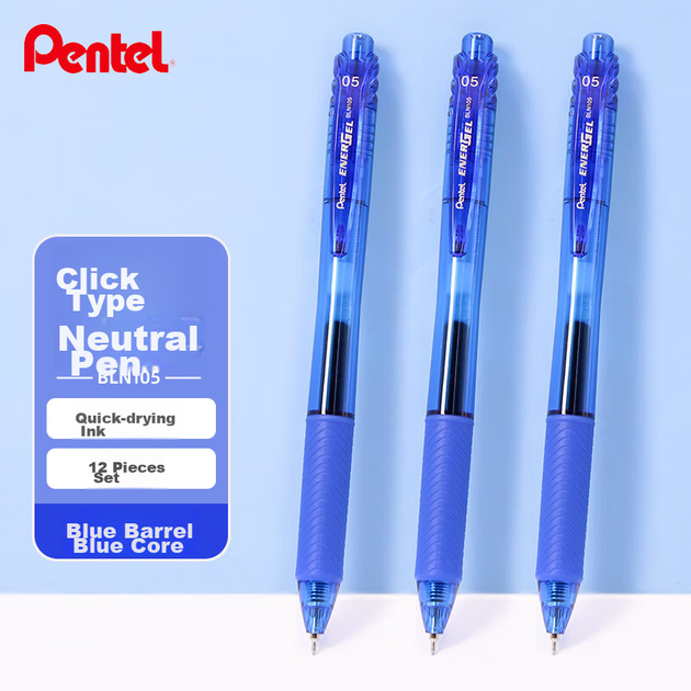 Гелевая ручка Pentel BLN105 с выдвижным стержнем, синяя, стильная, толщина чернил 0,5 мм, подходит для деловых встреч и учебы, быстросохнущая, на водной основе, канцелярские товары, синий корпус с синими чернилами, упаковка из 12 штук. - изображение 4