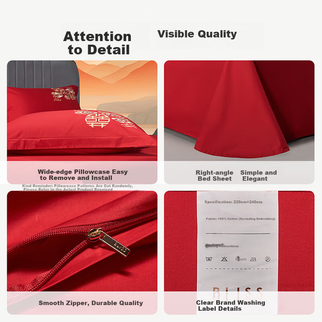 Весільний комплект із чотирьох предметів Belleace Mercury Home Textile з вишивкою та принтами з драконом та феніксами, чиста бавовна - зображення 2
