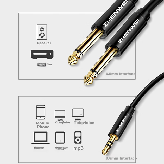Кабель ZHENWEI Mini Jack 3.5 мм — 2 x Jack 6.35 мм тато-тато, 20 м (ZW-YPX142) - зображення 8