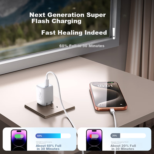 Комплект Зарядное устройство 45W USB-C + Кабель USB-C - USB-C 1 м (JK05) - Фото 3 Комплект Зарядное устройство 45W USB-C + Кабель USB-C - USB-C 1 м (JK05) - изображение 3