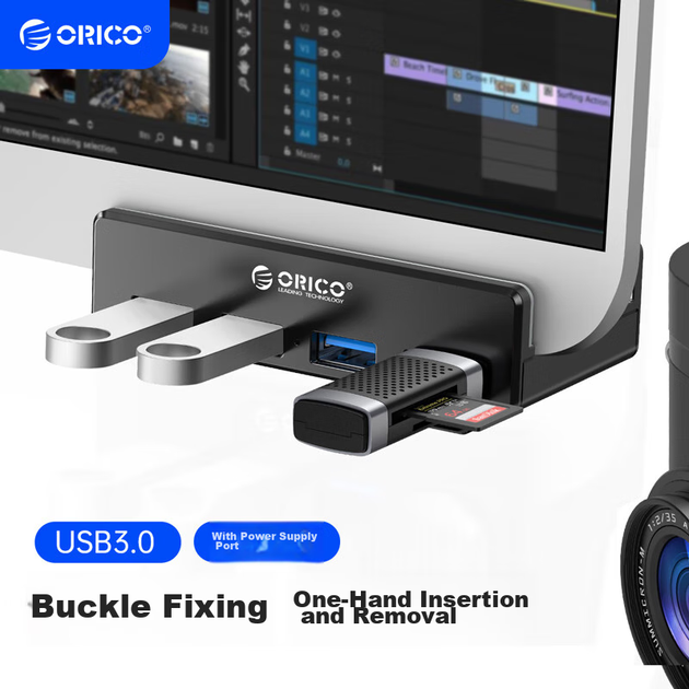 ORICO USB 3.0 Hub Splitter з алюмінієвого сплаву, адаптер-кліпса для MAC, Apple, ноутбуків, настільних комп'ютерів, моніторів, чорного кольору MH4PU - зображення 4