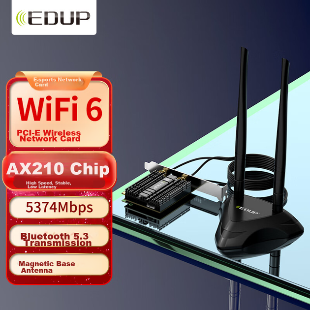 Бездротова мережева карта EDUP WiFi 6 Intel AX210 PCI-E для настільних комп'ютерів, гігабітна мережева карта для ігор, дводіапазонна 5G 5374M Bluetooth 5.3 розширена базова станція AX210GS Pro - зображення 4