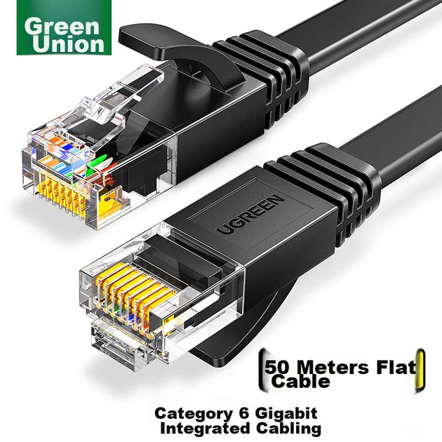 Ethernet-кабель UGREEN Cat6, гігабітний, плоский, 8-жильна вита пара, патч-корд для домашньої мережі та відеоспостереження, 50 м, чорний, артикул 80102 - зображення 9