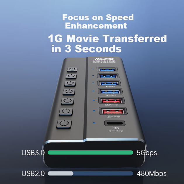 Newmine HUB731-B Металевий USB 3.0 Високошвидкісний 7-портовий концентратор-розгалужувач USB-кабель-подовжувач для ноутбука, настільного комп'ютера, приблизно 1 м - зображення 7