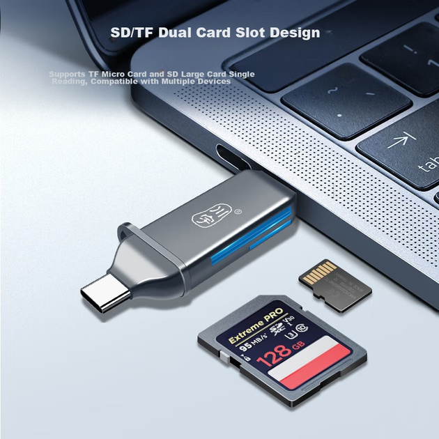 Картридер Chuanyu USB 3.2 Gen1/Type-C для карт SD и TF, два слота, для камер и дронов - Фото 7 Картридер Chuanyu USB 3.2 Gen1/Type-C для карт SD и TF, два слота, для камер и дронов - изображение 7