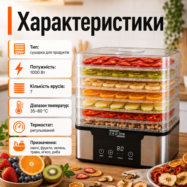 Сушилка для продуктов Zepline ZP-00349 электросушилка для овощей фруктов ягод зелени мяса рыбы с семью ярусами регулировкой температуры 35–80 °C мощностью 1000 Вт - изображение 3