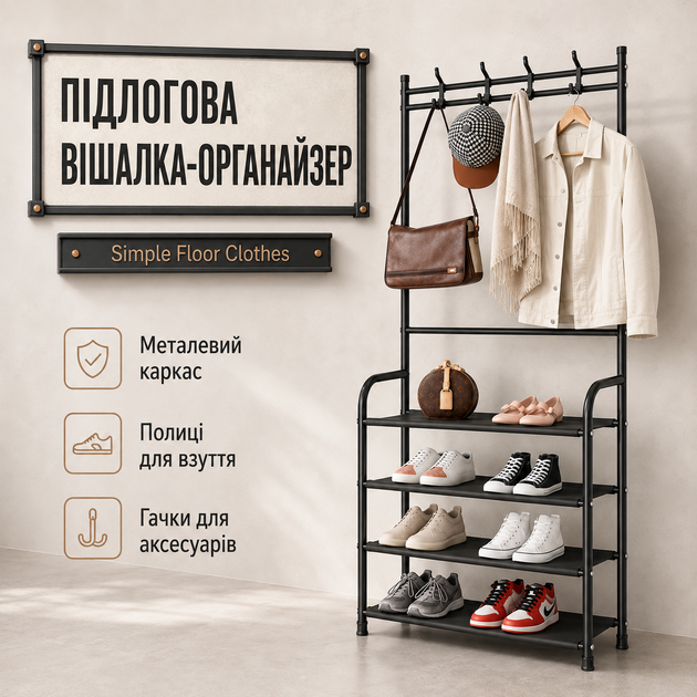 Напольная вешалка-органайзер Simple Floor Clothes металлическая с полками для обуви и крючками 60 × 26,5 × 154 см черная - изображение 2
