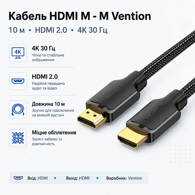 Кабель Vention HDMI M - M 10.0 м V2.0 4K 30Гц в оплетке для аудио и видеосигнала Black (ALLBL) - изображение 2