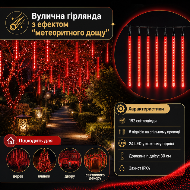 Вулична світлодіодна гірлянда «Метеоритний дощ» червона, 192 LED - Фото 2 Вулична світлодіодна гірлянда «Метеоритний дощ» червона, 192 LED - зображення 2