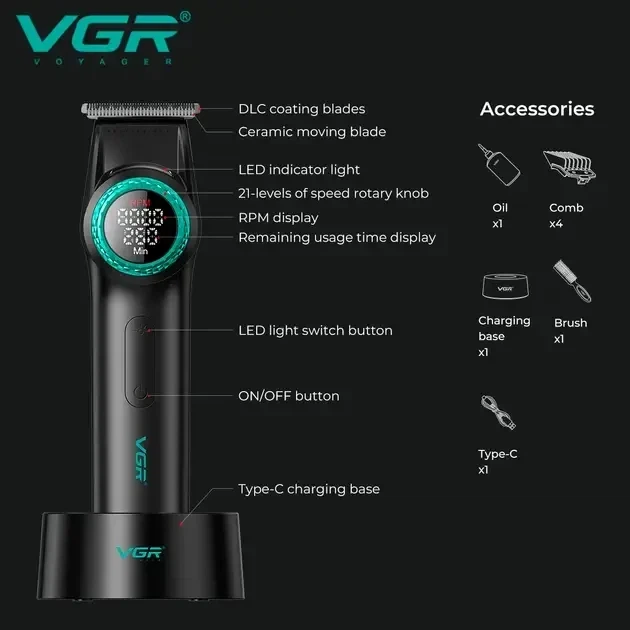Триммер VGR V-977 BLACK, регулировка мощностей 6000 - 8000 PRM, 2500 mAh, 4 насадки, LED display - изображение 7