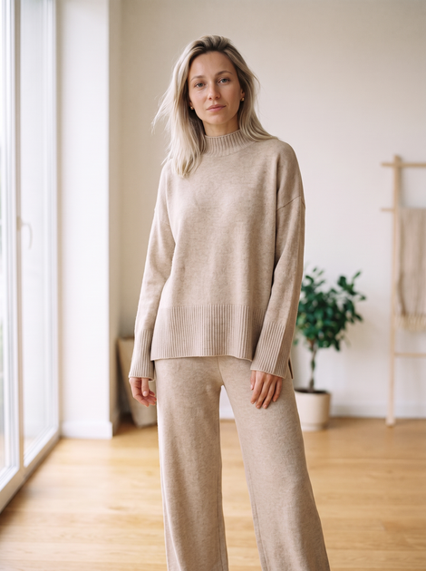 Теплий в'язаний костюм жіночий — гольф-светр oversize + брюки палаццо, капучино меланж S - Фото 1 Теплий в'язаний костюм жіночий — гольф-светр oversize + брюки палаццо, капучино меланж S - зображення 1