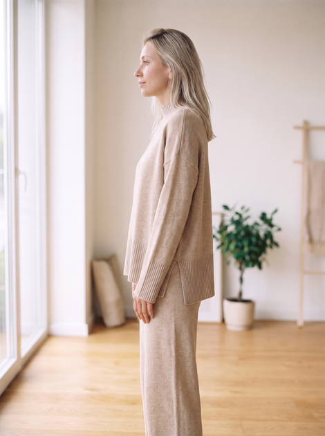 Теплий в'язаний костюм жіночий — гольф-светр oversize + брюки палаццо, капучино меланж S - Фото 2 Теплий в'язаний костюм жіночий — гольф-светр oversize + брюки палаццо, капучино меланж S - зображення 2