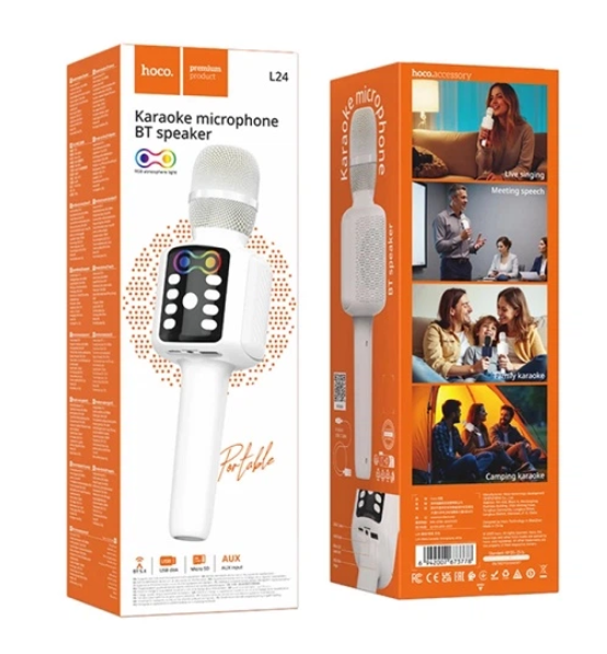 Караоке микрофон Hoco L24 Shine, беспроводной Bluetooth микрофон с колонкой 5W, RGB подсветка, USB, TF, AUX, белый - изображение 4