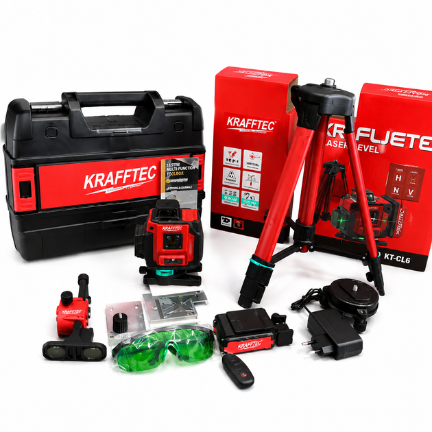 Лазерний рівень Krafftec Germany PRO 4D 16 ліній 360° із зеленим променем, штативом і мікроліфтом - зображення 3