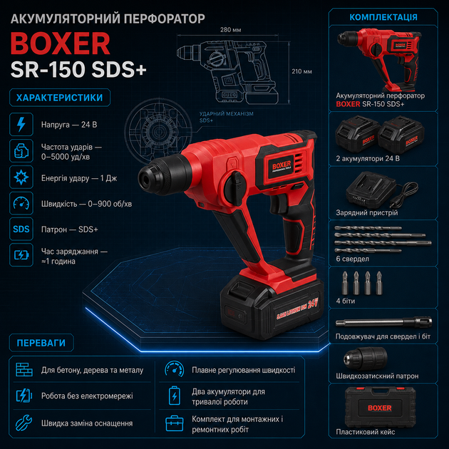 Акумуляторний перфоратор Boxer SR 150 SDS Plus 24 В 2 акумулятори ударний 5000 уд хв із швидкозатискним патроном у кейсі - зображення 2