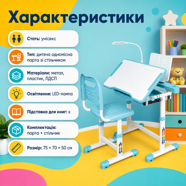 Парта-трансформер C&A со стулом регулируемая по высоте детский комплект для учебы с LED-лампой подставкой для книг выдвижным ящиком и полкой голубая - изображение 4