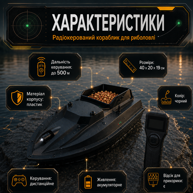 Радиоуправляемый кораблик для завоза прикормки до 500 м с пультом управления, бункером и навигационными огнями - изображение 3