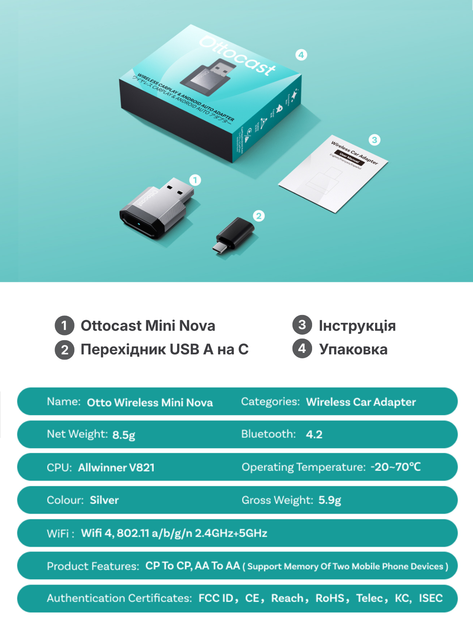 Адаптер CarPlay Android для авто беспроводной CarPlay USB Android Auto Ottocast Mini Nova компактный Bluetooth Wi-Fi Plug and Play для музыки, подключения iPhone без кабеля, смарт мини-переходник на Type-C для магнитолы + салфетка в комплекте - изображение 7