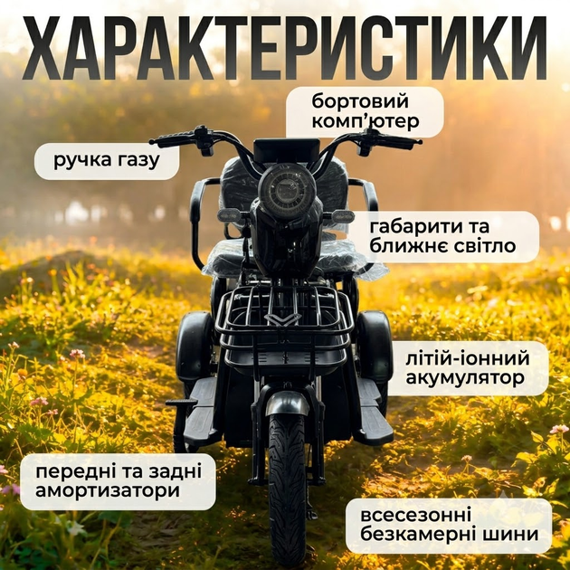 Электроскутер трицикл трехколесный 1200W 60V 20Ah электротрак скорость до 55 км/ч для взрослых и пожилых - изображение 3