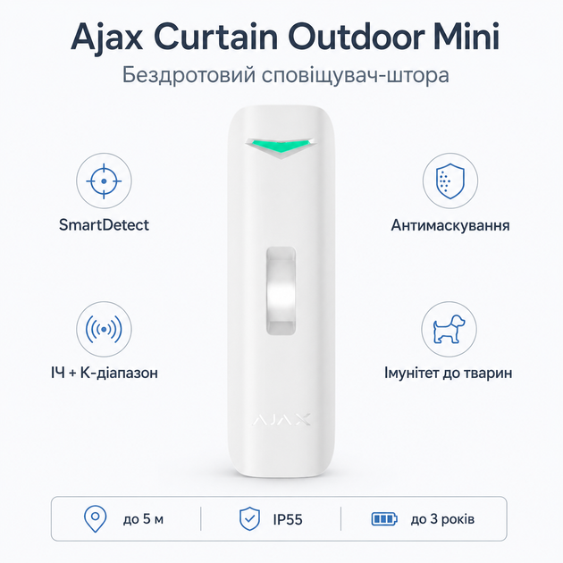 Беспроводной извещатель движения штора Ajax Curtain Outdoor Mini Jeweller 2 × CR123A IP55 - Фото 1 Беспроводной извещатель движения штора Ajax Curtain Outdoor Mini Jeweller 2 × CR123A IP55 - изображение 1