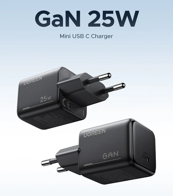 Мережевий зарядний пристрій з кабелем UGREEN X517 25W USB-C GaN Fast Charger Set EU+1M CC Cable black - Фото 5 Мережевий зарядний пристрій з кабелем UGREEN X517 25W USB-C GaN Fast Charger Set EU+1M CC Cable black - изображение 5