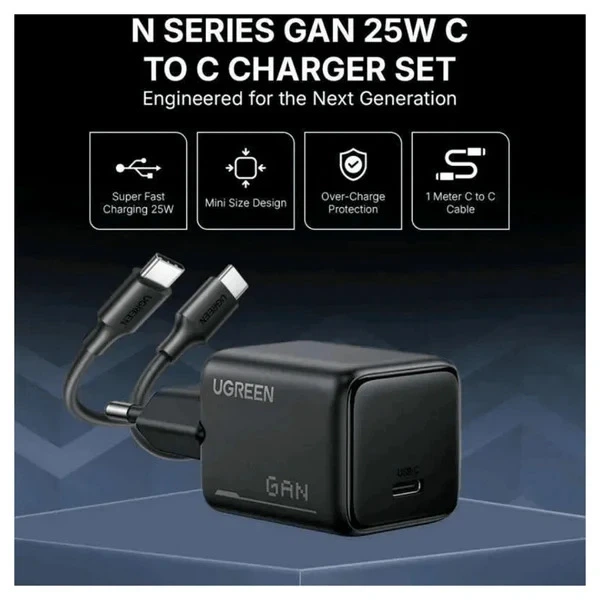 Мережевий зарядний пристрій з кабелем UGREEN X517 25W USB-C GaN Fast Charger Set EU+1M CC Cable black - Фото 9 Мережевий зарядний пристрій з кабелем UGREEN X517 25W USB-C GaN Fast Charger Set EU+1M CC Cable black - изображение 9