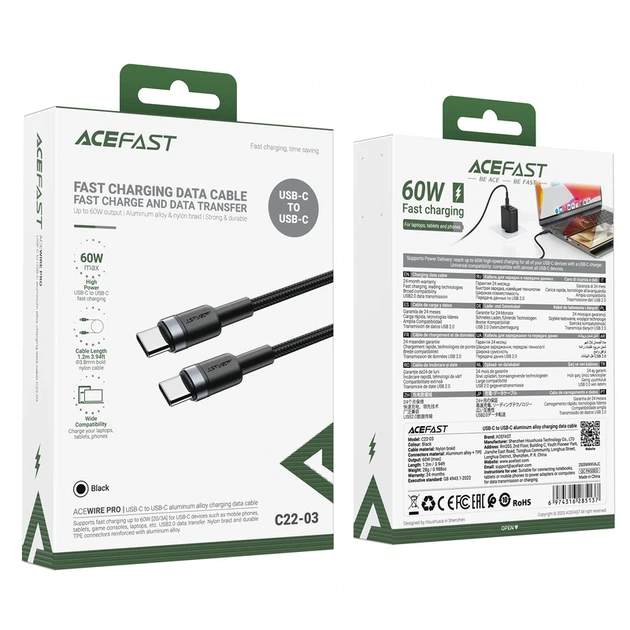 Кабель ACEFAST C22-03, Type-C to Type-C, 60W, 3A, 1.2m, Nylon Braid, Aluminum Alloy + TPE connectors, Black - Фото 2 Кабель ACEFAST C22-03, Type-C to Type-C, 60W, 3A, 1.2m, Nylon Braid, Aluminum Alloy + TPE connectors, Black - изображение 2