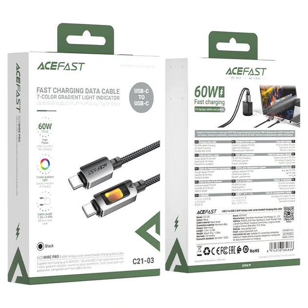 Кабель ACEFAST C21-03, Type-C to Type-C, 60W, 1.2m, Nylon, Aluminum Alloy connectors, Black - Фото 2 Кабель ACEFAST C21-03, Type-C to Type-C, 60W, 1.2m, Nylon, Aluminum Alloy connectors, Black - изображение 2