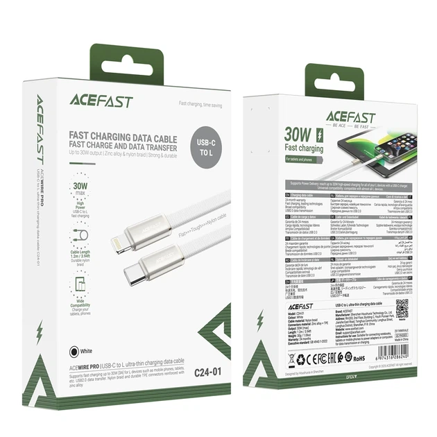 Кабель ACEFAST C24-01, USB to iP, 30W, 1.2m, Braided wire, Zinc alloy + TPE connectors, White - изображение 2