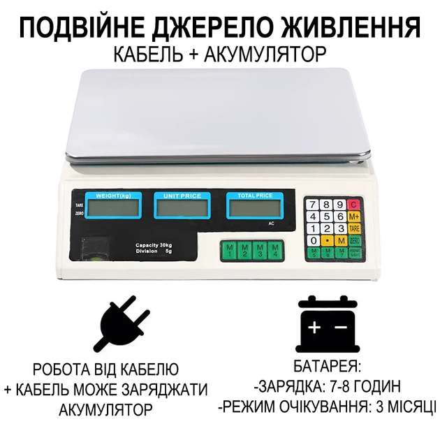 Электронные торговые весы Digital Lion ACS-A9 до 30 кг точность 5 г нержавеющая сталь белый - изображение 8