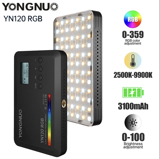 Портативне відеосвітло Yongnuo YN120 RGB із вбудованим акумулятором 2500K-9900K - зображення 6