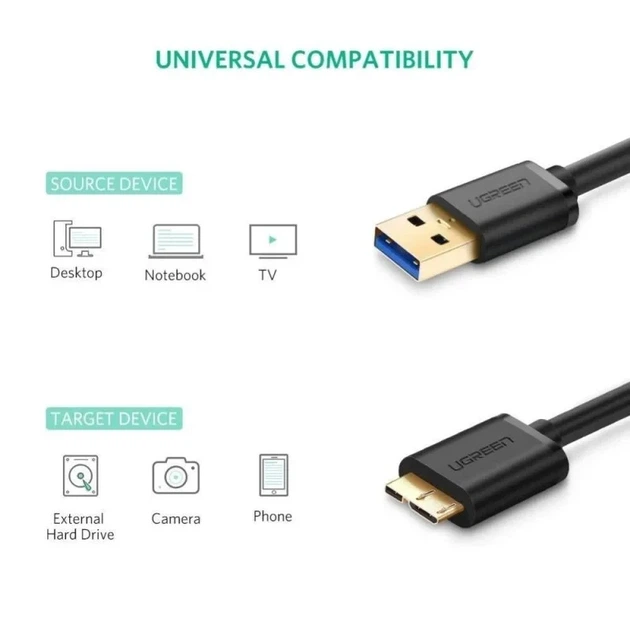 Кабель UGREEN US130 USB 3.0 Type-A - Micro USB 3.0 Type-B 1м Black (UGR-10841) - изображение 3