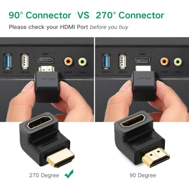 Кутовий перехідник UGREEN HDMI — HDMI Адаптер 90 градусів Up-Angled (Вгору) 4K 60Hz Black (UGR-20109) для телевізора на стіну - Фото 7 Кутовий перехідник UGREEN HDMI — HDMI Адаптер 90 градусів Up-Angled (Вгору) 4K 60Hz Black (UGR-20109) для телевізора на стіну - зображення 7
