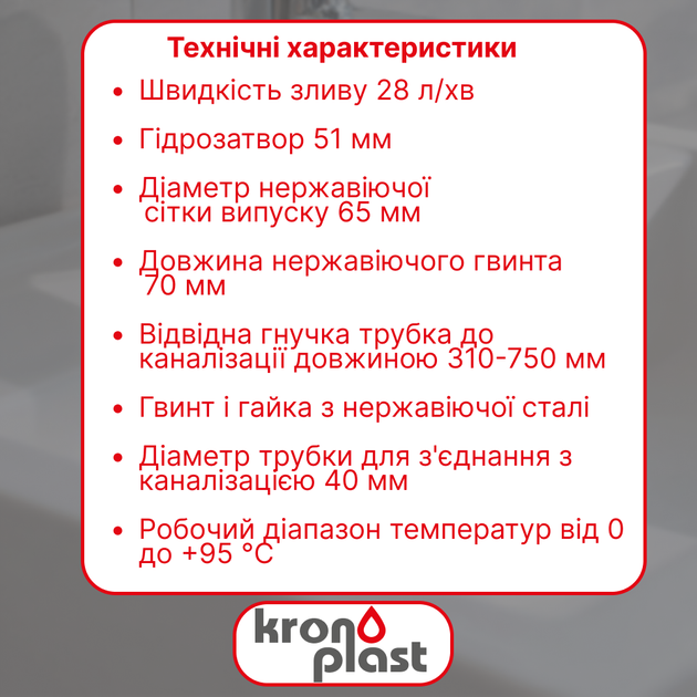 Сифон для умывальника Kronoplast с резьбовым выпуском и гофротрубой 40×40, 1 1/4" × 40 мм ST18080042 - Фото 2 Сифон для умывальника Kronoplast с резьбовым выпуском и гофротрубой 40×40, 1 1/4" × 40 мм ST18080042 - изображение 2