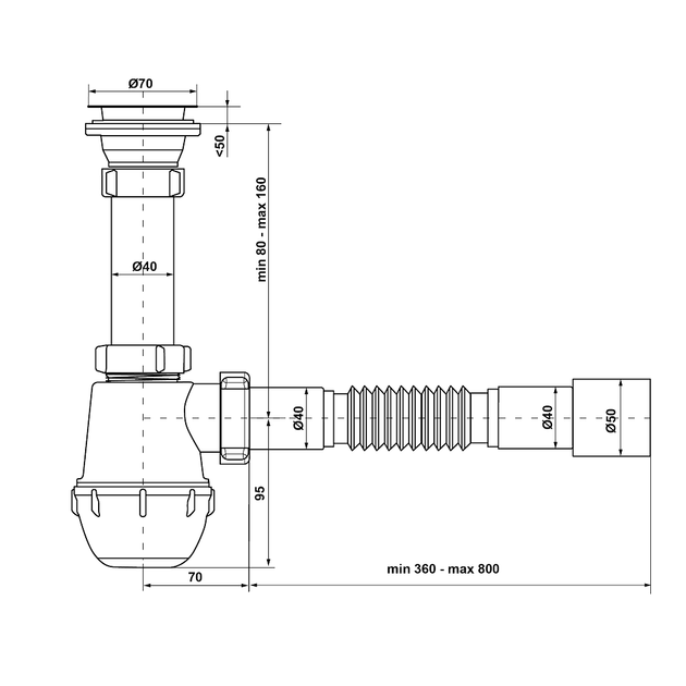 Сифон Kronoplast для кухонної мийки 1 1/2″×40 з різьбовим випуском і гофротрубою 40×40/50 мм SM14010043 - зображення 4