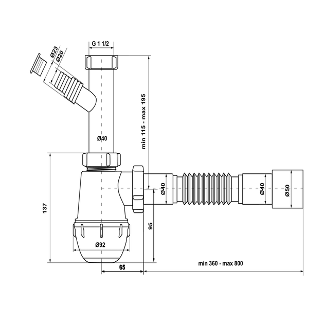 Сифон Kronoplast 1 1/2″×40 без выпуска, с отводом для стиральной машины и гофротрубой 40×40/50 мм SM10020043 - изображение 5