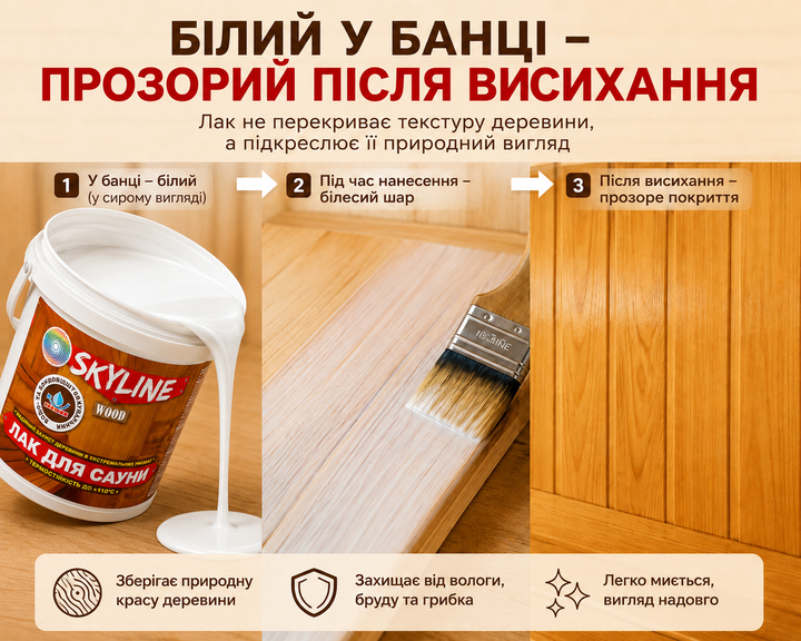 Лак для Сауны акриловый SkyLine Полуматовый 0.75 л - Фото 4 Лак для Сауны акриловый SkyLine Полуматовый 0.75 л - изображение 4