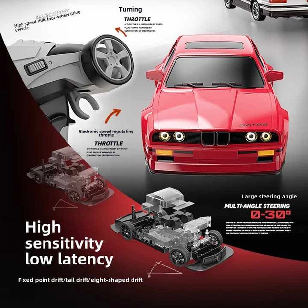 Радиоуправляемая Дрифт-машина BMW E30 RC Дрифт-кар 1:16 30 км/ч 4WD, 2 режима скорости, резиновые шины, 4 дорожных конуса с полным приводом + сменные шины - изображение 4