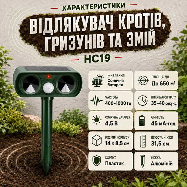 Відлякувач кротів гризунів і змій HC19 на сонячній батареї з частотою 400–1000 Гц для ділянки до 650 м² - зображення 4