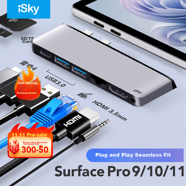 Розширювальна док-станція Isky Microsoft Surface Pro 9/10/11, високошвидкісний конвертер USB 3.0, мережевий порт RJ45-адаптер, розширювальна док-станція HDMI High-Definition 4K, Eight-I - Фото 4 Розширювальна док-станція Isky Microsoft Surface Pro 9/10/11, високошвидкісний конвертер USB 3.0, мережевий порт RJ45-адаптер, розширювальна док-станція HDMI High-Definition 4K, Eight-I - зображення 4
