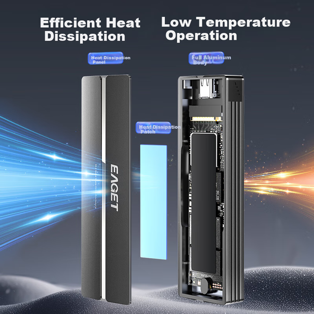 Корпус для SSD-накопителя EAGET M.2 NVMe, Type-C 3.2, портативный, совместимый с ноутбуками и устройствами Apple, внешний корпус для SSD, охлаждение из алюминиевого сплава, SE310NA - изображение 5