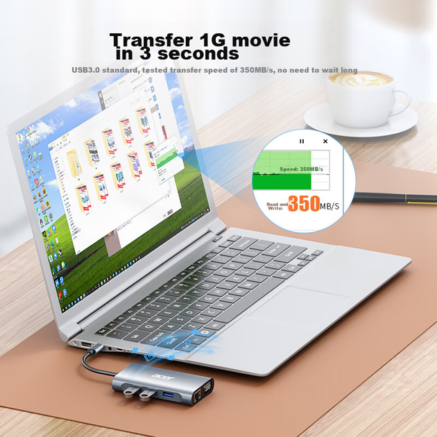 7-дюймовий розширювальний док-станційний USB-хаб Acer Type-C, порт HDMI/VGA/10 Gigabit Ethernet, сумісний з ноутбуками MacBook, адаптером-конвертером Huawei - зображення 9