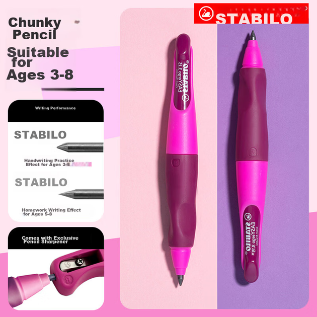 Автоматический детский карандаш STABILO Chunky Pencil, немецкий, эргономичный дизайн, корректирует хват, диаметр 3,15 дюйма, розовый (в комплекте точилка для карандашей). - изображение 7