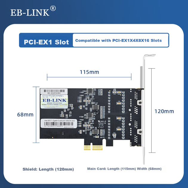 Серверна мережева карта EB-LINK 82571-T4 (EXPI9404PT), PCIe X1, чотири гігабітні порти, чіп Intel 82571, для промислових камер машинного зору - зображення 5