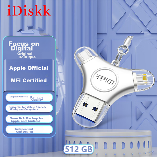 USB-накопитель IDiskk 512 ГБ, сертифицированный MFi, с разъемом Type-C для прямого подключения к компьютеру, большой объем памяти, подходит для Huawei, Android, Apple iPhone 15 и iPhone 16, флеш-накопитель для резервного копирования фотографий. - изображение 4
