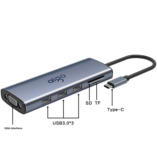 Док-станция расширения Aigo Type-C, USB 3.0-концентратор, гигабитный Ethernet-порт, HDMI/VGA-адаптер, устройство чтения SD/TF-карт, USB-док-станция расширения, быстрая зарядка PD100 Вт, T09-R (металлический корпус) - изображение 10